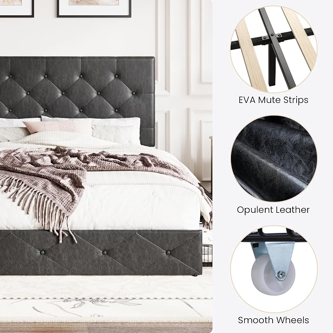 SHA CERLIN Upholstered Queen Platform Storage Bed Frame with 4 Drawers, Adjustable Headboard with Faux Leather Diamond Button Tufted Design, Wooden Slat Support, No Box Spring Needed, Black
