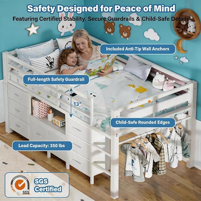 Einhomn Twin Low Loft Bed with 8 Drawers, Bookshelf, Heavy Duty Metal Kids Loft Bed with 13 Inch Safety Guardrail, Play Curtain, Under-Bed Play Area - White