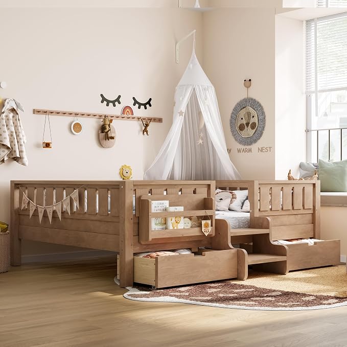 Bellemave Full Size Montessori Bed with Stairs, Safety Guardrails and Slats, Full Size Montessori Bed with Bookshelf and 2 Storage Drawers, Low Profile Beds Frame for Kids, Natural Platform Beds