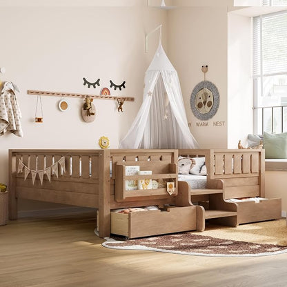 Bellemave Full Size Montessori Bed with Stairs, Safety Guardrails and Slats, Full Size Montessori Bed with Bookshelf and 2 Storage Drawers, Low Profile Beds Frame for Kids, Natural Platform Beds