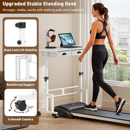 Height Adjustable Standing Desk with 2 Drawers, Small Sit Stand Up Desk with Wheels, Portable Rolling Desk for Walking Pad Treadmill, Computer Office, Adjustable 31.5"-43.3", White, Upgraded Stable