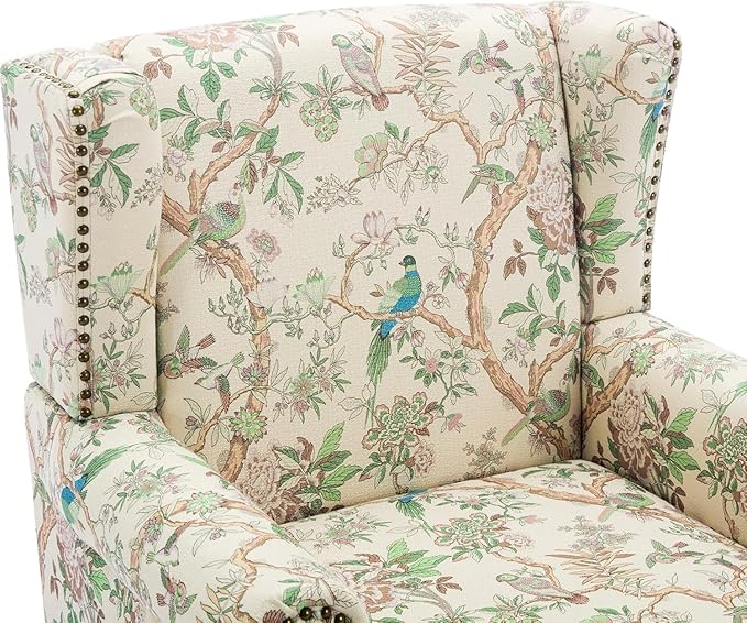 High Back Accent Chairs Set of 2, Fabric Upholstered Armchair Floral Wingback Chair for Living Room, Comfy Single Sofa Solid Wood Legs Bedroom Reading Seat - Pattern Bird