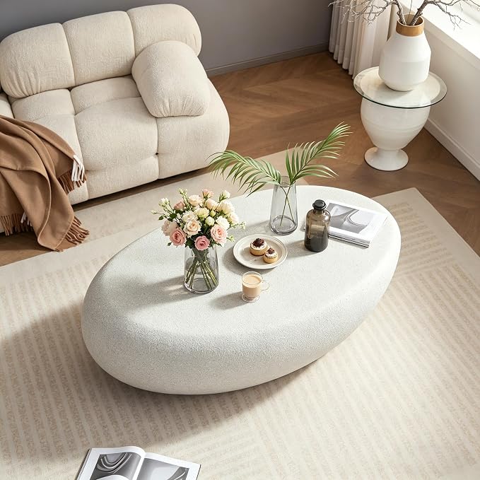 43.3" Faux Stone Oval Coffee Table, Modern Travertine Coffee Table, Small Accent Irregular Concrete Center Table, Contemporary End Side Table for Living Room Office Apartment, No Assembly