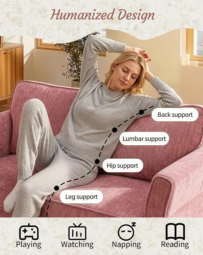 Karl home 67" Loveseat Sofa Chenille Fabric, Pink | Removable Covers, Outward Arms, Spring Cushion & Solid Wood Frame, Deep Seat for Living Room, Bedroom, Apartment