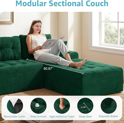 Hobestluk Modular Sectional Sofa Couches L-Shape Couch 3 Seat Modular Sofa Memory Foam Sectional Couches for Living Room, Cloud Couch (Emerald Corduroy, 108", Right Hand Facing)