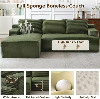 96.1" Modular Sectional Sofa Couches L-Shape Couch 3 Seat Modular Sofa Corduroy Memory Foam Sectional Boneless Couches for Living Room, Cloud Couch with Oversized Chaise(Green, Left Facing)