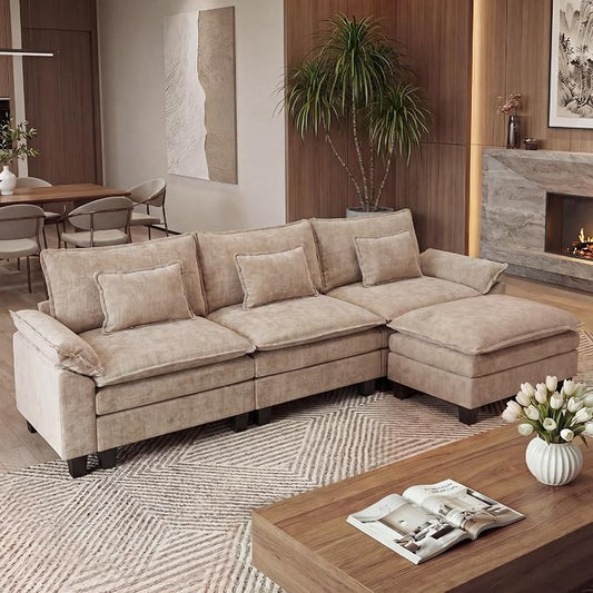 URRED Oversized Modular Sectional Sofa, 122" L Shaped Modern Comfy Cloud Couch with Movable Ottoman & Pillows, Deep Seat Couches for Living Room, Bedroom or Apartment (Chenille Khaki, 122" L Shaped)