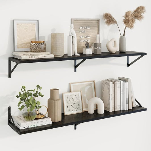 Axeman 48 Inch Floating Shelves | 10 Inch Deep Black Wall Shelves Set of 2 | 48" W x 10" D Black Wood Floating Shelves for Living Room Bathroom Kitchen