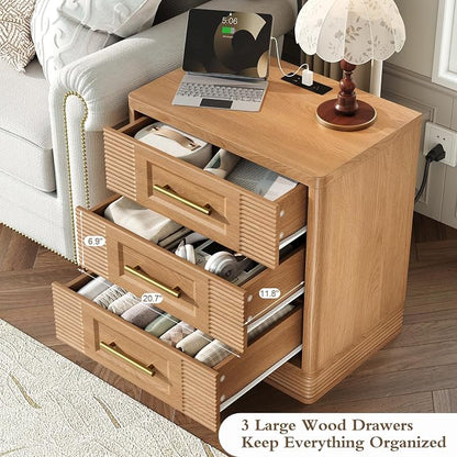 RECHHX 3 Drawer Dresser for Bedroom, 25.6" Tall Nightstand with Charging Station, Farmhouse 23.6" Wide End Table, Thermoformed Curved Small Chest of Drawers for Bedroom, Living Room, Nature Oak
