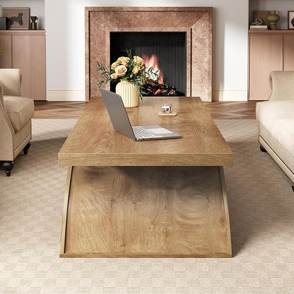 HSH 47" Modern Rectangle Wood Coffee Table for Living Room, Arched Base | Large Rectangular Center Table, Low Table with Sculptural Arched Base, Annual Ring Wood Grain, 200 lb Capacity, Easy Assembly