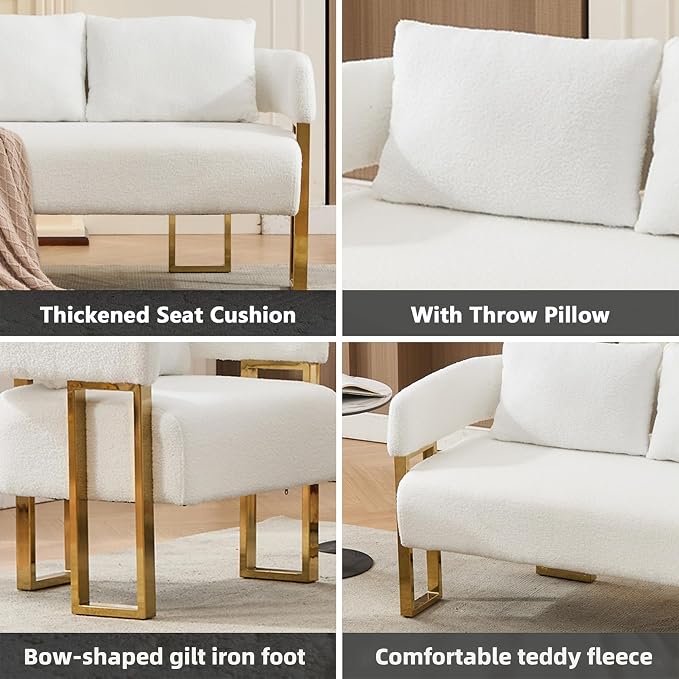 Loveseat Sofa and 2 Accent Chairs Comfy Sofa Modern Accent Chairs for Living Room with Golden Legs Teddy Upholstered Reading Armchairs no Wheels for Reception Room//Bedroom/Lounge/Office,White
