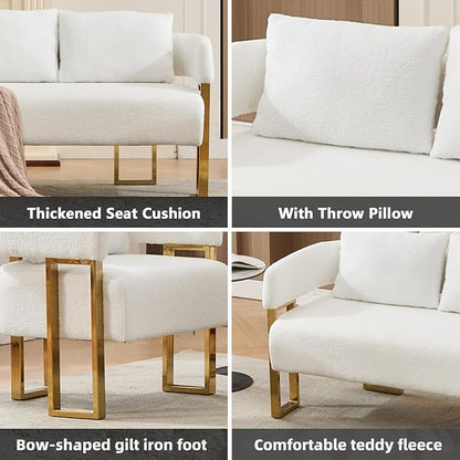 Loveseat Sofa and 2 Accent Chairs Comfy Sofa Modern Accent Chairs for Living Room with Golden Legs Teddy Upholstered Reading Armchairs no Wheels for Reception Room//Bedroom/Lounge/Office,White