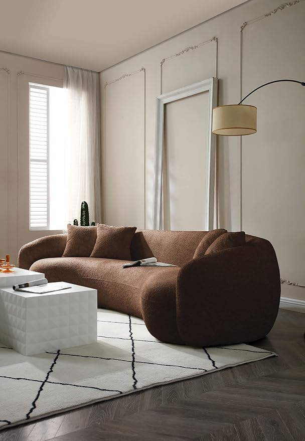 KEIKI 103" Boucle Half Moon Curved Sectional Sofa with 4 Throw Pillows, Modern 5-Seater Teddy Fleece Leisure Couch with Curved Backrest, Easy Assembly, for Living Room, Bedroom, Brown