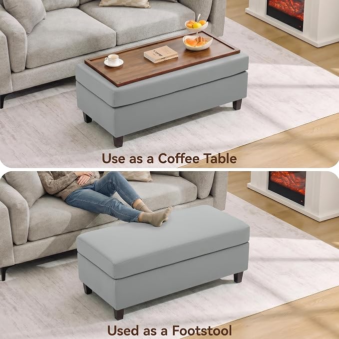 45" Faux Leather Storage Ottoman Bench with Wooden Tray, Light Grey Large Upholstered Foot Stool, Multifunctional Coffee Table Storage Bench with Solid Wood Legs for Living Room Bedroom Entryway