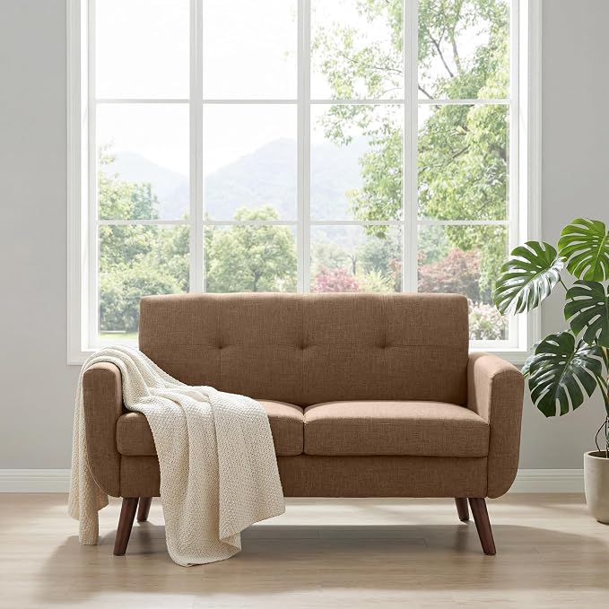 Tbfit 56" W Loveseat Sofa, Mid Century Modern Decor Love Seat Couches for Living Room, Button Tufted Upholstered Small Couch for Bedroom, Solid and Easy to Install Love Seats Furniture, Brown