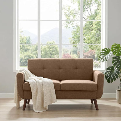 Tbfit 56" W Loveseat Sofa, Mid Century Modern Decor Love Seat Couches for Living Room, Button Tufted Upholstered Small Couch for Bedroom, Solid and Easy to Install Love Seats Furniture, Brown