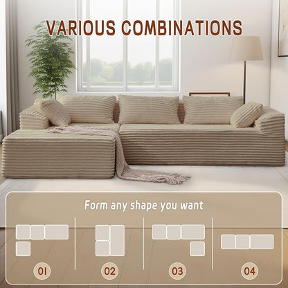 Korser 108" L-Shaped Modular Sectional Sofa with Chaise, Boneless Comfy Corduroy Fluffy Couch with Deep Seat and Side Pockets, Flexible Module Combination for Living Room, No Assembly, Side Pockets