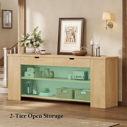 71.8 Inch Extra Long Console Table with Drawers, Farmhouse Long Console Table with Shelves & Built-in Outlets, Entryway Table with Storage for Living Room, Entryway, Natural