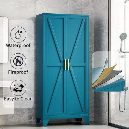 71H Tall Metal Storage Cabinet with 2 Doors and 5 Shelves, Farmhouse Storage Cabinet with Barn Doors, Pantry Storage for Home, Office, Bathroom, Dining Room, Kitchen (Blue)