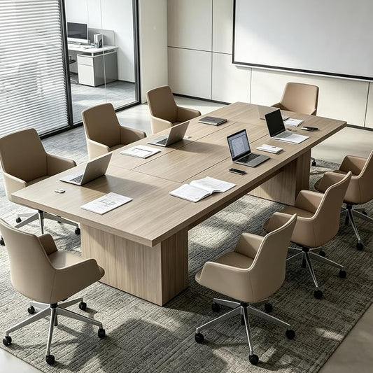 130" W Extra Large Conference Desk Table for 8-10 Persons, Modern Office Work Desk with Sturdy Pedestal Base, Long Rectangular Executive Study Table for Office, Living Room, Gray Oak