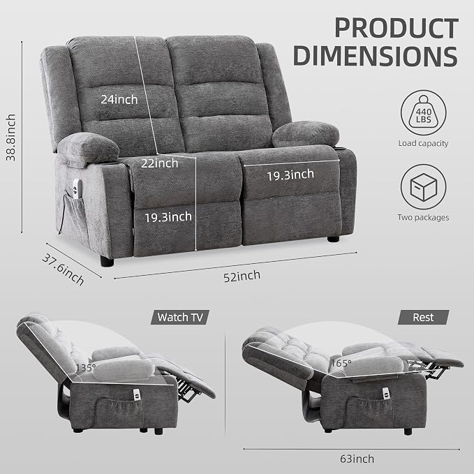 52Inch Reclining Loveseat Sofa,Power Loveseat Recliner,Electric Love seat Recliner Sofa for Bedroom,Living Room with Charging Ports,Grey