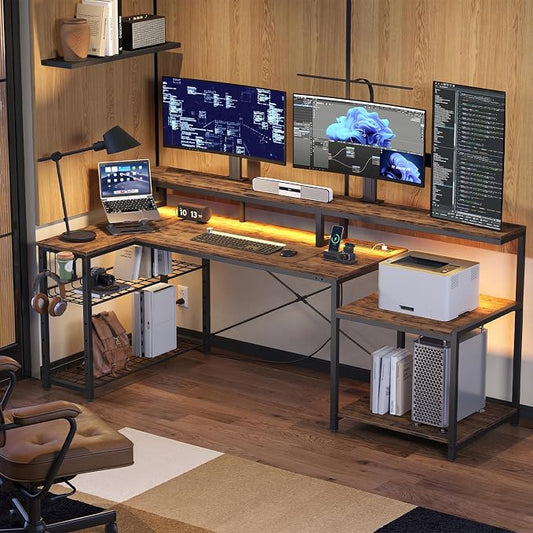 Bestier 71.5 inch Computer Desk with Power Outlets, L Shaped LED Home Office Desk with Long Monitor Stand, Large Corner Desk with Storage Shelf, Cup Holder & Headset Hooks, Modern Simple Table | Printer Shelf, Adjustable Metal Grid, Adjustable Monitor ...