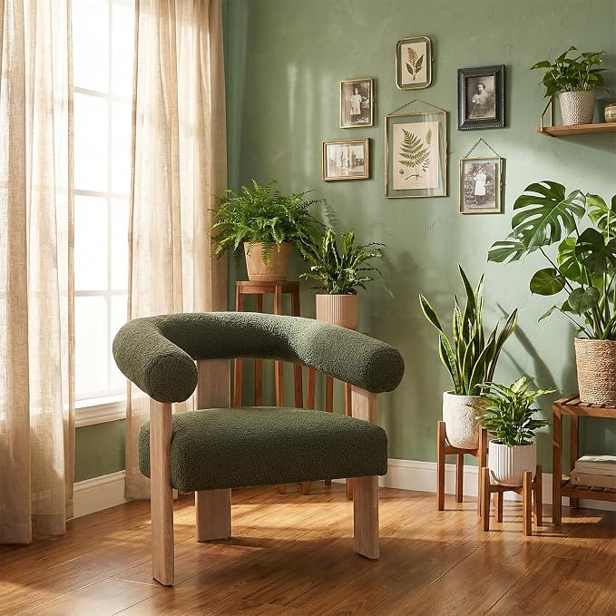 VKNOW Accent Chair Living Room Chair, Modern Upholstered Arm Chair with Solid Wood Legs, Comfy Barrel Accent Chair for Living Room, Bedroom, Green