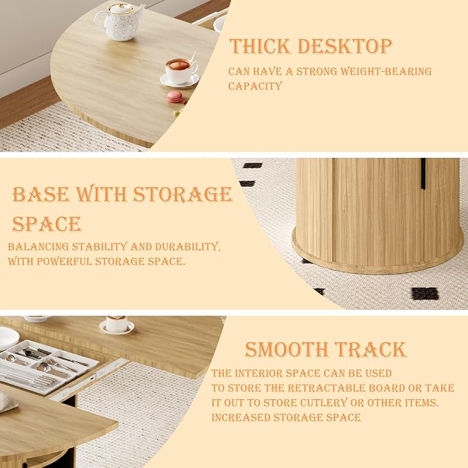 Dining Table for 4-6,59“Extendable Round Dining Room Kitchen Table with Storage,Round Table for Living Room,Fluted Wood Table with Slide Door,Expandable Oval Dinner Furniture with Pedestal Base,Oak