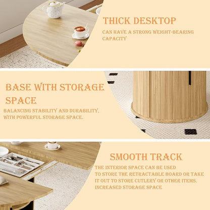 Dining Table for 4-6,59“Extendable Round Dining Room Kitchen Table with Storage,Round Table for Living Room,Fluted Wood Table with Slide Door,Expandable Oval Dinner Furniture with Pedestal Base,Oak