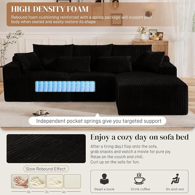 110" L Shaped Cloud Boneless Sectional Couches for Living Room, Modern Comfy Modular Deep Seat Memory Foam Compressed Corduroy Sofa Oversized Right Facing Chaise, No Assembly Required, Balck