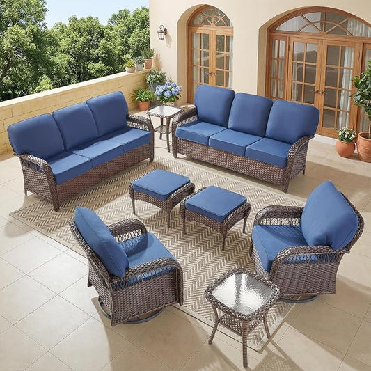 Belord Luxury Patio Furniture Set with 5-inch Thick Cushion, Outdoor Couch,Ottoman and High Back Swivel Rocker Patio Chairs, 8PCS Wicker Conversation Set for Deck Yard and Poolside,Blue