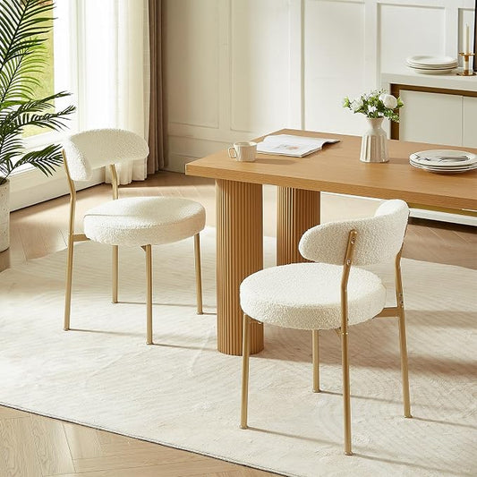 SoarFlash Dining Chairs, Beige Boucle Dining Chairs Set of 2, Kitchen Dining Room Chairs Curved Backrest Upholstered Mid Century Modern Chairs with Golden Metal Legs