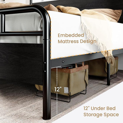 SHA CERLIN Full Size Bed Frame with Vintage Industrial Wood Headboard, Heavy Duty Metal Platform with 12" Under-Bed Storage, Mattress Foundation, No Box Spring Needed, Noise-Free, Easy Assembly, Black