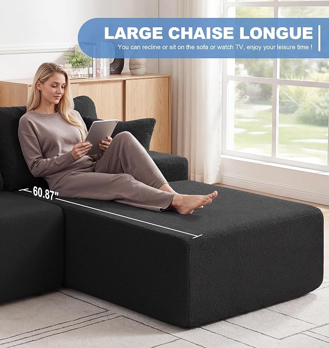 Hobestluk Modular Sectional Sofa Couches L-Shape Couch 3 Seat Modular Sofa Memory Foam Sectional Couches for Living Room, Cloud Couch with Oversized Chaise (Black Smooth, 108", Right Hand Facing)