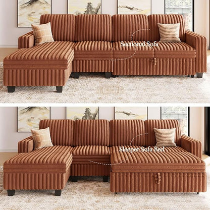 Belffin Modular Sectional Sofa with Storage Chaise Corduroy Sleeper Sofa with Pull Out Bed L Shaped Couch for Living Room. Apartment Couch. Brick-red