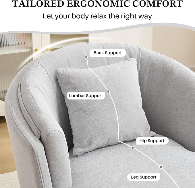 Swivel Accent Chair, Widened Round Barrel Chair with Pillow | Wide Padded Seat, Upholstered Chenille, Silent 360° Swivel Barrel Armchair for Living Room Bedroom Reading Nook, Light Gray