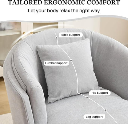 Swivel Accent Chair, Widened Round Barrel Chair with Pillow | Wide Padded Seat, Upholstered Chenille, Silent 360° Swivel Barrel Armchair for Living Room Bedroom Reading Nook, Light Gray