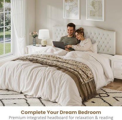 King Headboard Only, Upholstered Headboard King Size for Adjustable Bed Linen Tufted Wall Mounted Head Board with Solid Wood Legs, Ivory