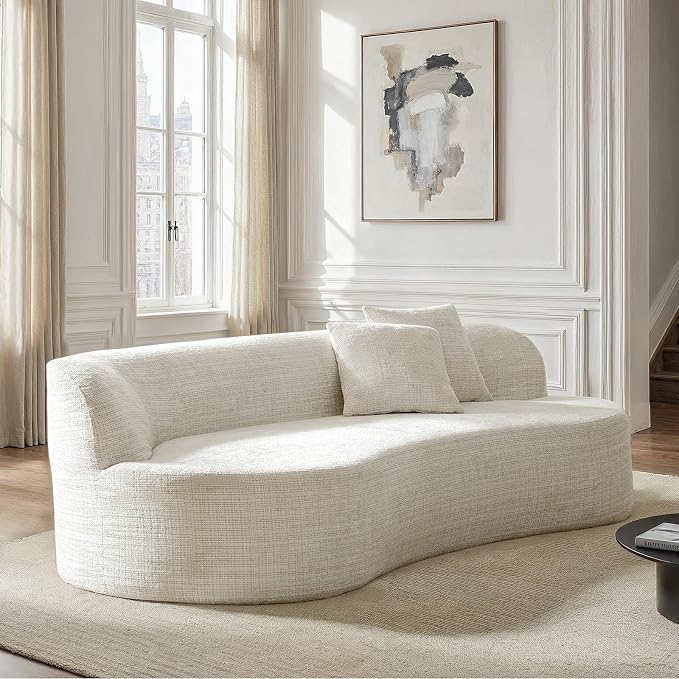 95" Modern Curved Compressed Sofa, All-Foam 3-Seater Cloud Couch with 2 Pillows, No Assembly Required Boneless Sofas for Living Room, Ivory