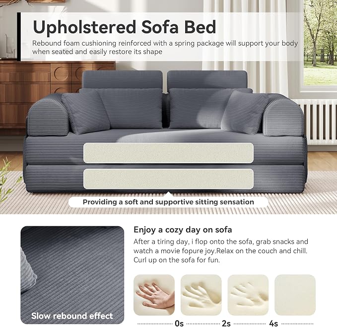 Upgrade High Backrest Design Sofa Bed with Fixed-Shape Frame & Removable Armrests and Backrest, Corduroy Fabric, Convertible Couch for Small Spaces - No Assembly Needed (Dark Gray)