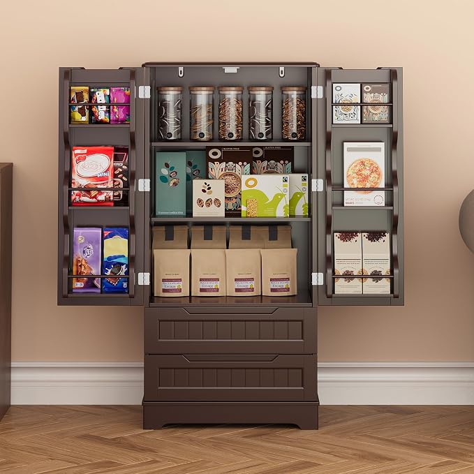 Gizoon Kitchen Pantry Cabinet with Drawers, 47" Small Food Pantry Storage Cabinet with 6 Door Shelves for Snack and Spice, Freestanding Craft Storage Cabinet for Craft Room, Dark Brown, Painted
