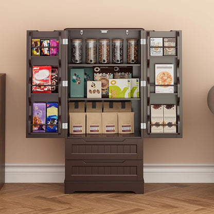 Gizoon Kitchen Pantry Cabinet with Drawers, 47" Small Food Pantry Storage Cabinet with 6 Door Shelves for Snack and Spice, Freestanding Craft Storage Cabinet for Craft Room, Dark Brown, Painted