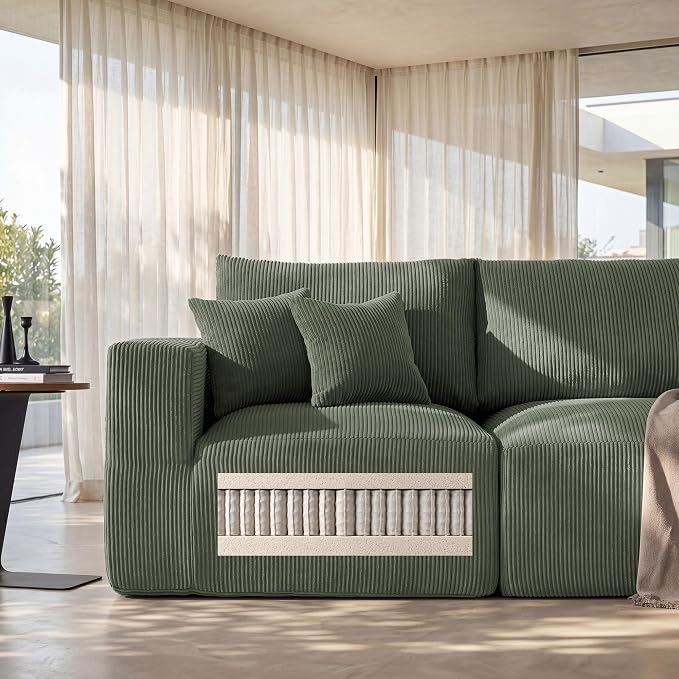 Living&Giving 115" Modular Cloud Boneless Couch, U Shaped Sectional Sofa with Chaise, Corduroy Floor Couch for Living Room, High-Density Foam & Firm Lumbar Support for Apartment,Green