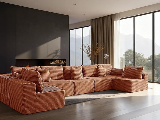 168" Cloud Sectional Couch, Comfort U Shaped Sofa for Living Room, Extra Deep Seats No Assembly, Minimalist Modular Couch, Corduroy (Deep Orange, 7 Seats,U-Shape B)