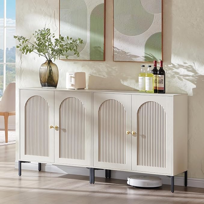 IFGET Modern Buffet Cabinet with Storage, 61.75" W Fluted Arched Sideboard Cabinet w/Adjustable Shelves, Wooden Modular Coffee Bar for Dining Room, Kitchen, Living Room, Entryway, Cream