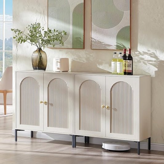 IFGET Modern Buffet Cabinet with Storage, 61.75" W Fluted Arched Sideboard Cabinet w/Adjustable Shelves, Wooden Modular Coffee Bar for Dining Room, Kitchen, Living Room, Entryway, Cream