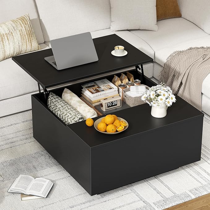FABATO Lift Top Coffee Table, Wood Square Coffee Table with Storage, Farmhouse Coffee Tables with Hidden Storage Compartment, Center Table with Lifting Tabletop for Living Room, Home Office, Black