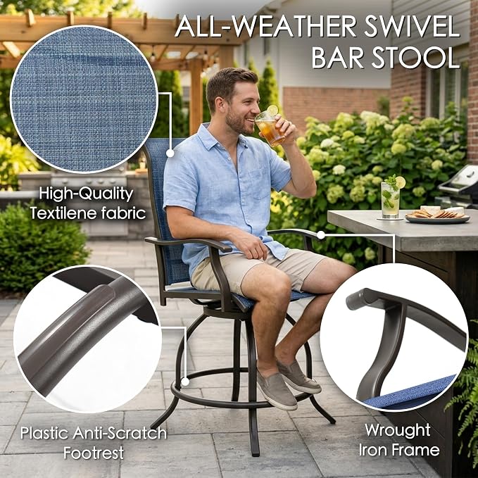 Kozyard Isabella Outdoor Swivel Bar Stools, Counter Height Patio Swivel Chairs with Textilene Seat, Outdoor Bar Height Chairs for Backyard, Bistro, Patio Bars, Navy Blue