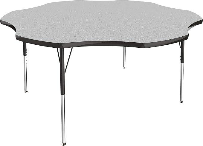 FDP Flower Activity School and Office Table (60 inch), Standard Legs with Swivel Glides for Collaborative Seating Environments, Adjustable Height 19-30 inches - Gray Top and Black Edge