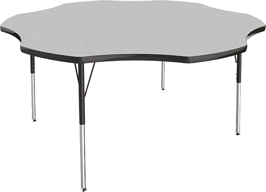 FDP Flower Activity School and Office Table (60 inch), Standard Legs with Swivel Glides for Collaborative Seating Environments, Adjustable Height 19-30 inches - Gray Top and Black Edge